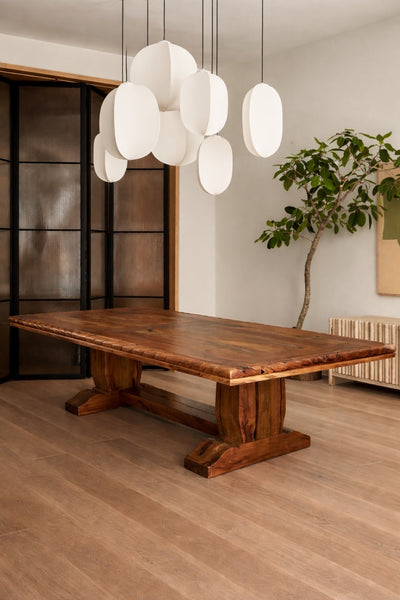 Rope Edge Pedestal Rustic Dining Table Turquoise Inlay