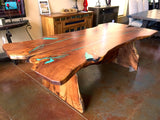 Live Edge Mesquite Rustic Dining Table Turquoise Inlay - La Casona Custom Furniture  - azcasona.net
